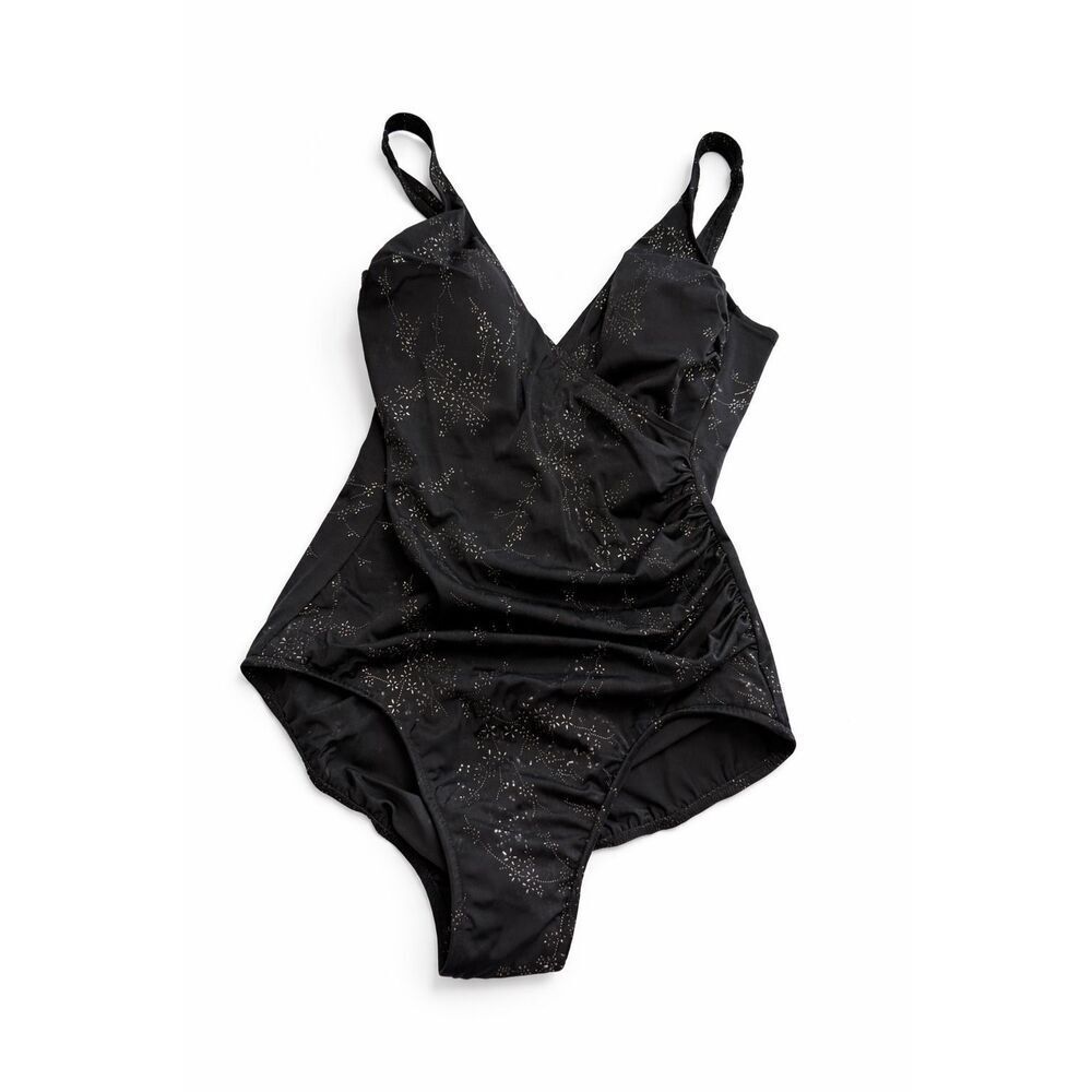 Miraclesuit One Piece Swimsuit Surplice Neck Ruched Bodice in Black Silver Sz 14